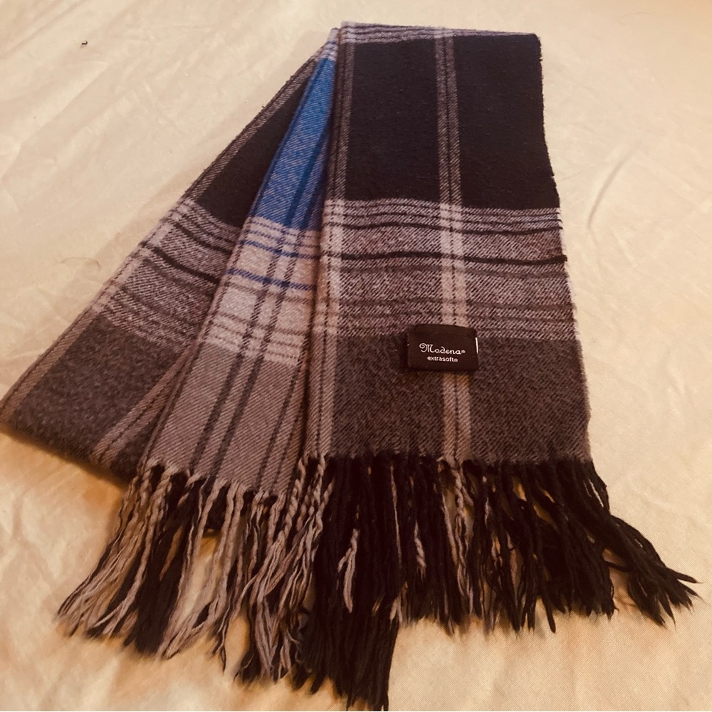 Black and Gray Plaid Scarf with Fringe